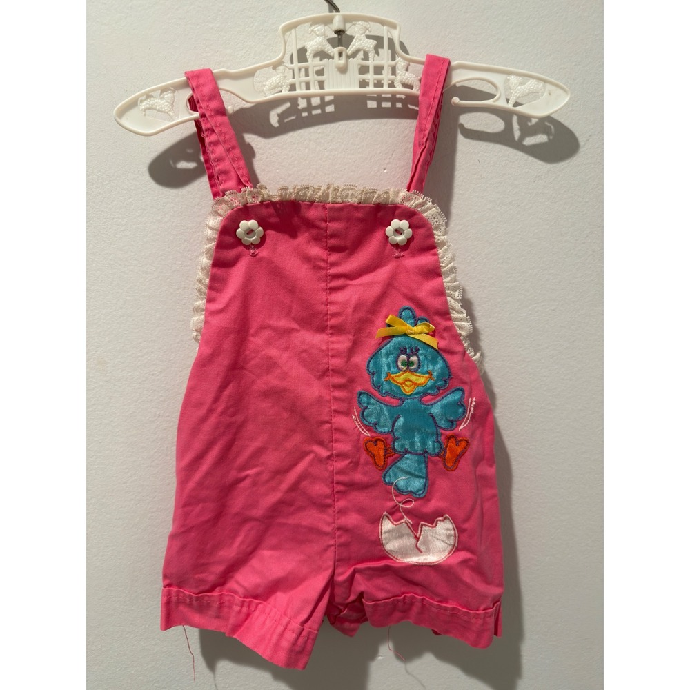 Vintage 80s Krazy Kritters Pink Bird Novelty Embroidered Romper Shortalls